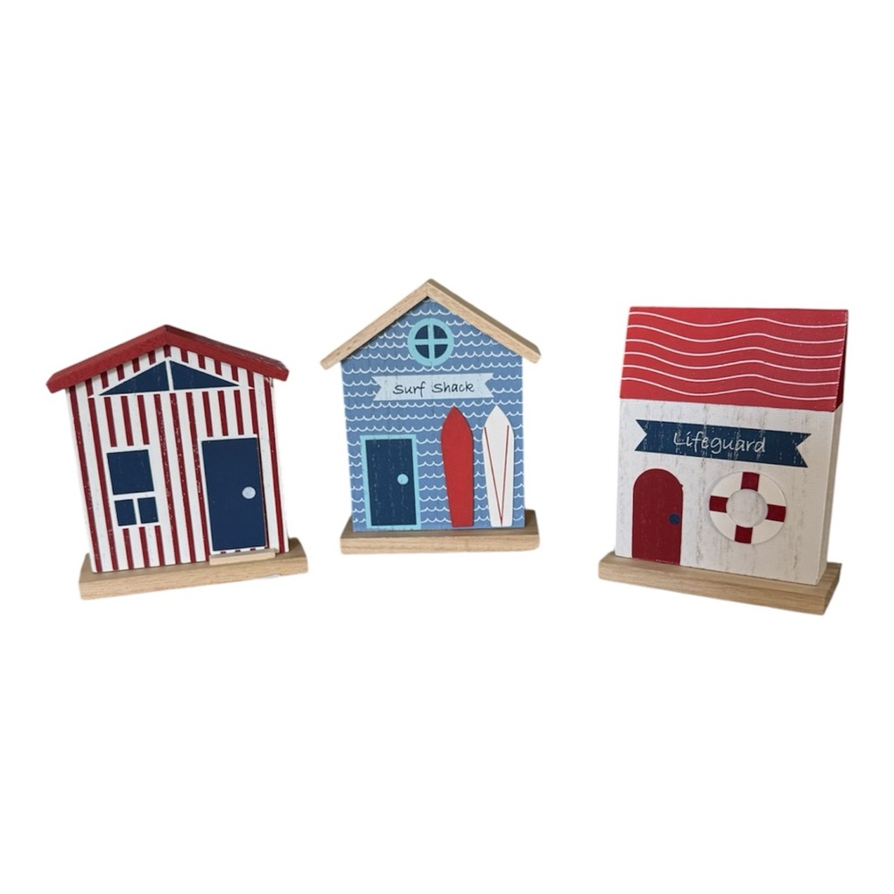 New - Set of 3 Coastal Wood Distressed Beach House Décor - Red, Blue, White